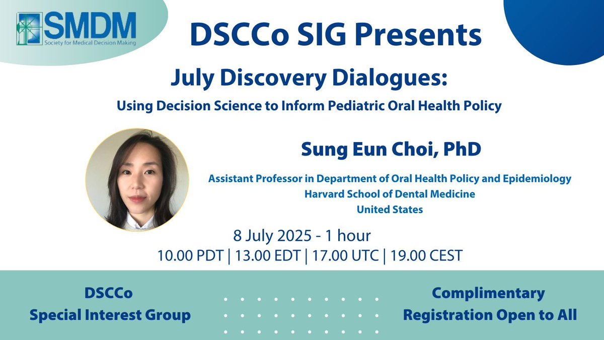 Society for Medical Decision Making (SMDM) (@socmdm) on Twitter photo SMDM and the DSCCo SIG are pleased to announce Dr. Sung Eun Choi, PhD, as the speaker for the July Discovery Dialogues. Register today: crm.smdm.org/civicrm/event/โฆ
<a href="/DSCCollab/">DSCCo Collaborative</a> #SMDM SMDM and the DSCCo SIG are pleased to announce Dr. Sung Eun Choi, PhD, as the speaker for the July Discovery Dialogues. Register today: crm.smdm.org/civicrm/event/โฆ
<a href="/DSCCollab/">DSCCo Collaborative</a> #SMDM