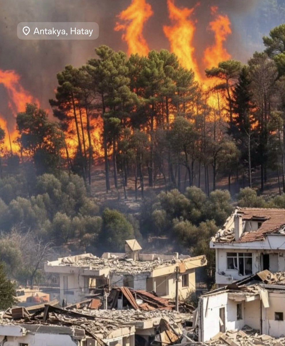 Hatay'ın özeti olan foto : Deprem+Yangın...