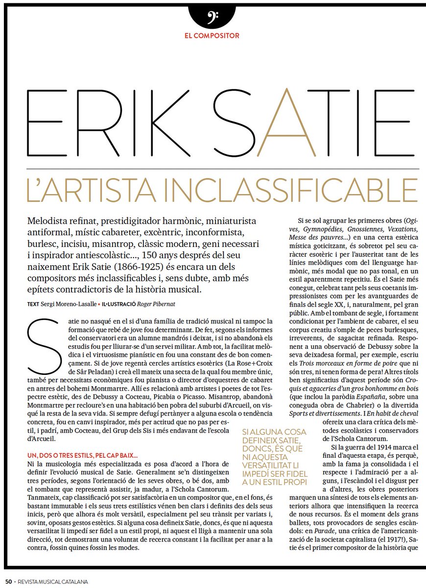 RevistaMusCat's tweet image. Avui dimarts, 1 de juliol, s'escau el centenari de la mort del compositor francès Eric Satie. El recordem tot compartint-vos l'article que li va dedicar, ara fa uns anys, Sergi Moreno Lasalle a la nostra secció 'El compositor'.