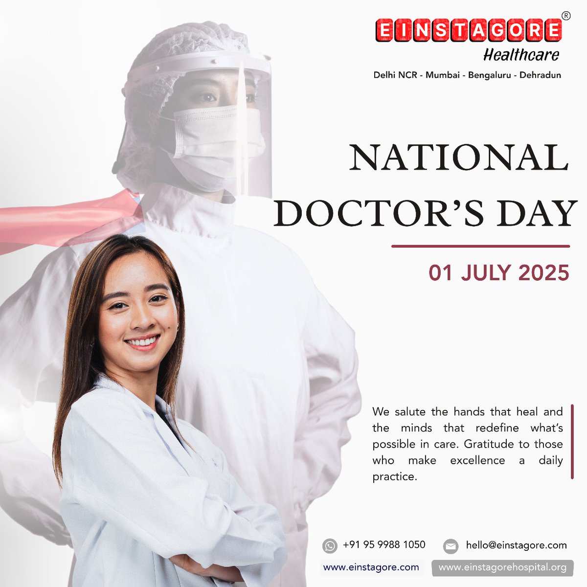 Happy National Doctors' Day!

Today, we honor the real heroes in white coats — our doctors, who heal with skill, care with compassion, and stand by us in our most vulnerable moments.

#DoctorsDay2025 #Gratitude #MedicalExcellence #ChooseIndiaChooseEinstagore #CountOnEinstagore