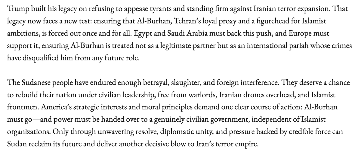 The newest attempt to draw Trump into Sudan, presumably planted by the RSF and its allies, is to paint Burhan as an Iranian proxy and a stooge for more deadly Islamist forces. These are powerful narratives being planted in MAGA-friendly outlets. nationalinterest.org/feature/trump-…