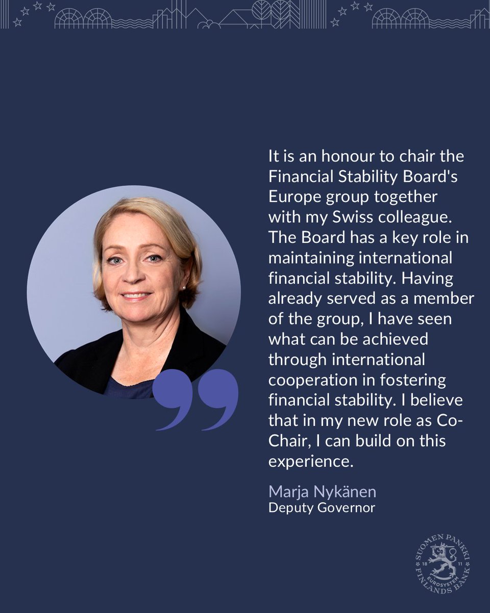 Suomen Pankki (@suomenpankki) on Twitter photo Deputy Governor <a href="/MarjaNykanen/">Marja Nykänen</a> has been appointed as Co-Chair of the Regional Consultative Group for Europe at <a href="/FinStbBoard/">The FSB</a>. She will chair the group together with the <a href="/SNB_BNS/">Swiss National Bank</a> Vice Chair of the Governing Board Antoine Martin.
Read more: suomenpankki.fi/fi/ajankohtais… Deputy Governor <a href="/MarjaNykanen/">Marja Nykänen</a> has been appointed as Co-Chair of the Regional Consultative Group for Europe at <a href="/FinStbBoard/">The FSB</a>. She will chair the group together with the <a href="/SNB_BNS/">Swiss National Bank</a> Vice Chair of the Governing Board Antoine Martin.
Read more: suomenpankki.fi/fi/ajankohtais…
