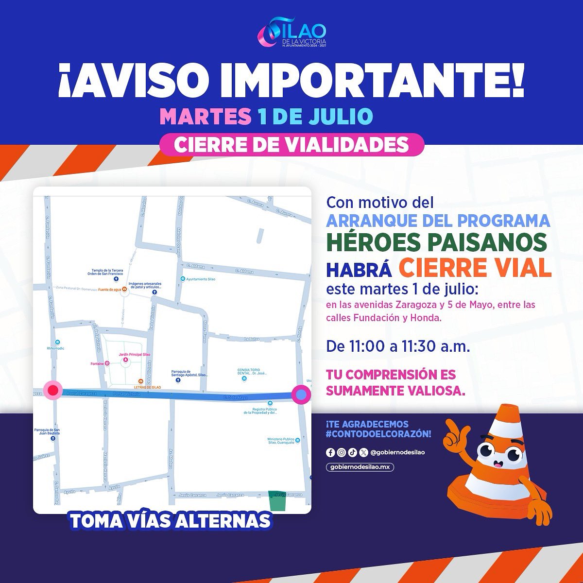 Este martes arrancará el #OPERATIVO verano 2025 de #HéroesPaisanos. Se estará cerrando el tramo Fundación-Monseñor Funes de las avenidas Zaragoza y 5 de Mayo mientras se lleva a cabo el arranque oficial.
Sólo será un ratito: De 11:00 a 11:30 a.m.

💙🙏🏼 Agradecemos tu comprensión.