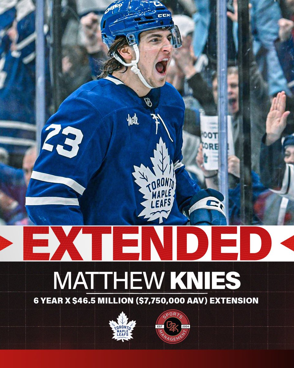 O2K Sports Management (@o2ksports) on Twitter photo Pay day is always a Knies day! 🍁 Congratulations to O2K client Matthew Knies (<a href="/Matthew_Knies/">Matt Knies</a>) on signing a 6 year, 46.5 million (7.75M AAV) contract extension with the <a href="/MapleLeafs/">Toronto Maple Leafs</a>!
#LeafsForever #GoLeafsGo Pay day is always a Knies day! 🍁 Congratulations to O2K client Matthew Knies (<a href="/Matthew_Knies/">Matt Knies</a>) on signing a 6 year, 46.5 million (7.75M AAV) contract extension with the <a href="/MapleLeafs/">Toronto Maple Leafs</a>!
#LeafsForever #GoLeafsGo