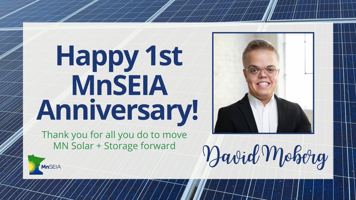 Happy 1-year work anniversary to David Moberg, MnSEIA’s Policy &amp; Regulatory Affairs Associate! 🎉 

Over the past year, David has been a key part of MnSEIA’s policy team, supporting our regulatory efforts and helping advocate for MN’s solar + storage industry.