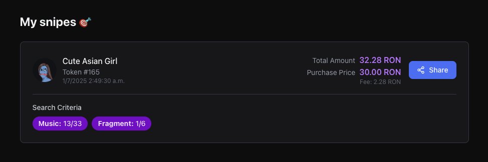 Samael.RON (@samael_voolt) on Twitter photo The sniping bot built by the <a href="/realmwalkersron/">Realmwalkers</a> dev team is criminally underrated. It sweeps the marketplace in milliseconds and scoops deals most people never even spot. Yesterday it helped me finish my $CAG Song snatching NFT, 1 of just 17 with that rare trait at a crazy The sniping bot built by the <a href="/realmwalkersron/">Realmwalkers</a> dev team is criminally underrated. It sweeps the marketplace in milliseconds and scoops deals most people never even spot. Yesterday it helped me finish my $CAG Song snatching NFT, 1 of just 17 with that rare trait at a crazy