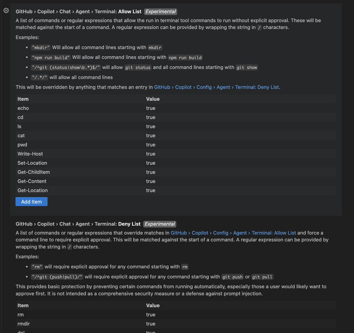 vscode insders、copilotがterminalで自動実行できるコマンドを指定できるようになってた 👀