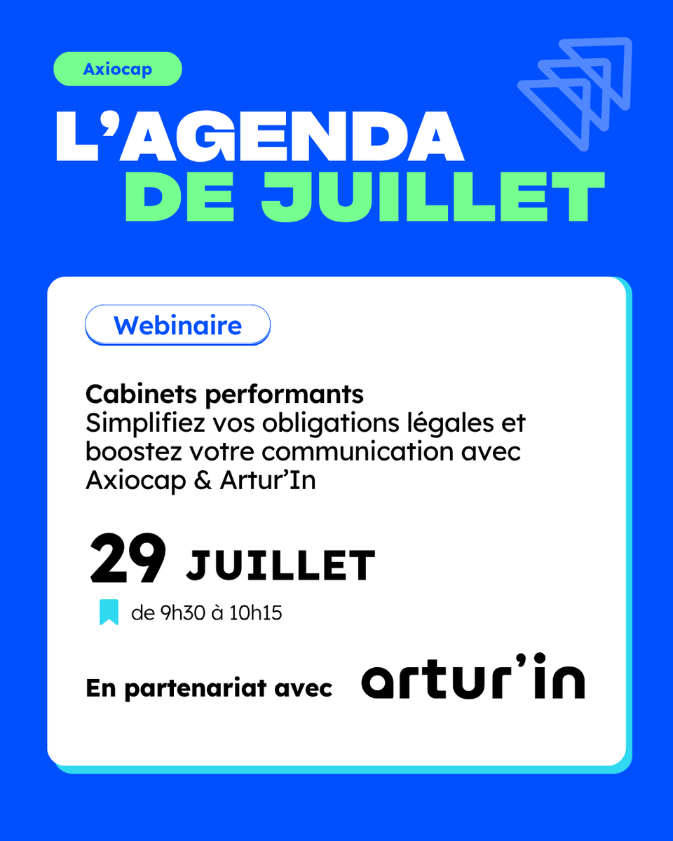 Axiocap (@axiocap_saas) on Twitter photo 📅 Accélérer votre transformation digitale
🔹 Webinaire avec le Groupement Excel – 3 juillet
🔹 Webinaire avec <a href="/MyUnisoft/">MY UNISOFT</a> – 10 juillet
🔹 Cabinet du Futur <a href="/CROEC_Occitanie/">Ordre des Experts-Comptables d'Occitanie</a> – 22 juillet
🔹 Webinaire avec Artur’In – 29 juillet
Infos & inscriptions 👉 bit.ly/4kbqwT3 📅 Accélérer votre transformation digitale
🔹 Webinaire avec le Groupement Excel – 3 juillet
🔹 Webinaire avec <a href="/MyUnisoft/">MY UNISOFT</a> – 10 juillet
🔹 Cabinet du Futur <a href="/CROEC_Occitanie/">Ordre des Experts-Comptables d'Occitanie</a> – 22 juillet
🔹 Webinaire avec Artur’In – 29 juillet
Infos & inscriptions 👉 bit.ly/4kbqwT3