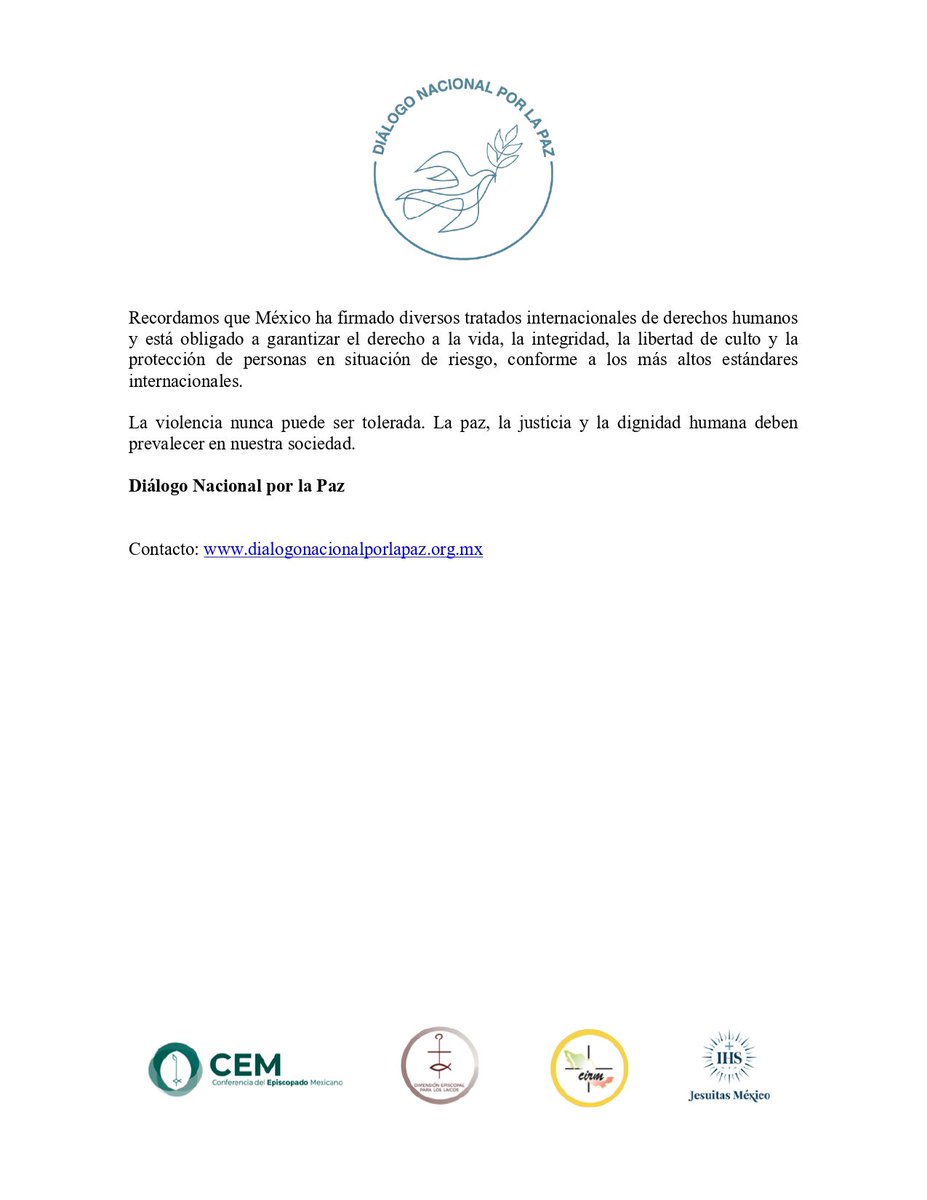 Desde el Diálogo Nacional por la Paz condenamos enérgicamente el atentado contra el P. Héctor Alejandro Pérez, párroco de San Francisco de Asís en Centro, Tabasco.

Este acto violento atenta contra la vida, la libertad religiosa y el trabajo comunitario.