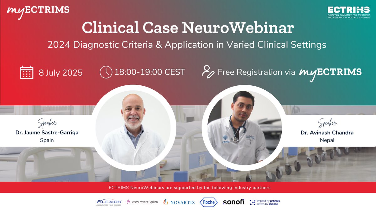 ECTRIMS's tweet image. ⏳ Only 1 week until our next Clinical Case NeuroWebinar! @avi_neuro and @J_SastreGarriga of @cemcat_em will discuss the application of the proposed 2024 diagnostic criteria for #MS in varied settings.
📆 8 JULY: 18:00-19:00 CEST
👉 Register for FREE: bit.ly/3G0PYN4