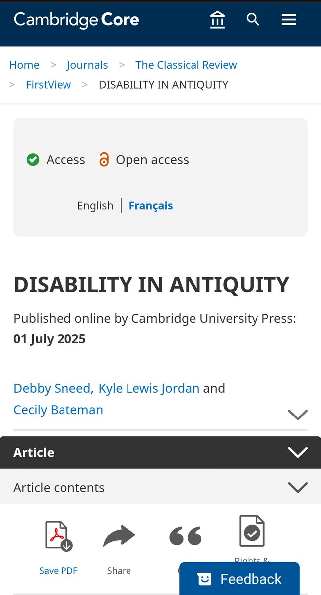 Horus the Elder 𓅃𓅨𓂋 ♿ (@horusofnekhen) on Twitter photo Glad to see <a href="/debscavator/">Dr. Debby Sneed</a>'s, Cecily Bateman's and I's co-authored Subject Profile on Disability in Antiquity for <a href="/Classical_Assoc/">The Classical Association</a>'s The Classical Review being published online today by <a href="/CambridgeUP/">Cambridge University Press</a>.
You can read the full article via the following link: doi.org/10.1017/S00098… Glad to see <a href="/debscavator/">Dr. Debby Sneed</a>'s, Cecily Bateman's and I's co-authored Subject Profile on Disability in Antiquity for <a href="/Classical_Assoc/">The Classical Association</a>'s The Classical Review being published online today by <a href="/CambridgeUP/">Cambridge University Press</a>.
You can read the full article via the following link: doi.org/10.1017/S00098…