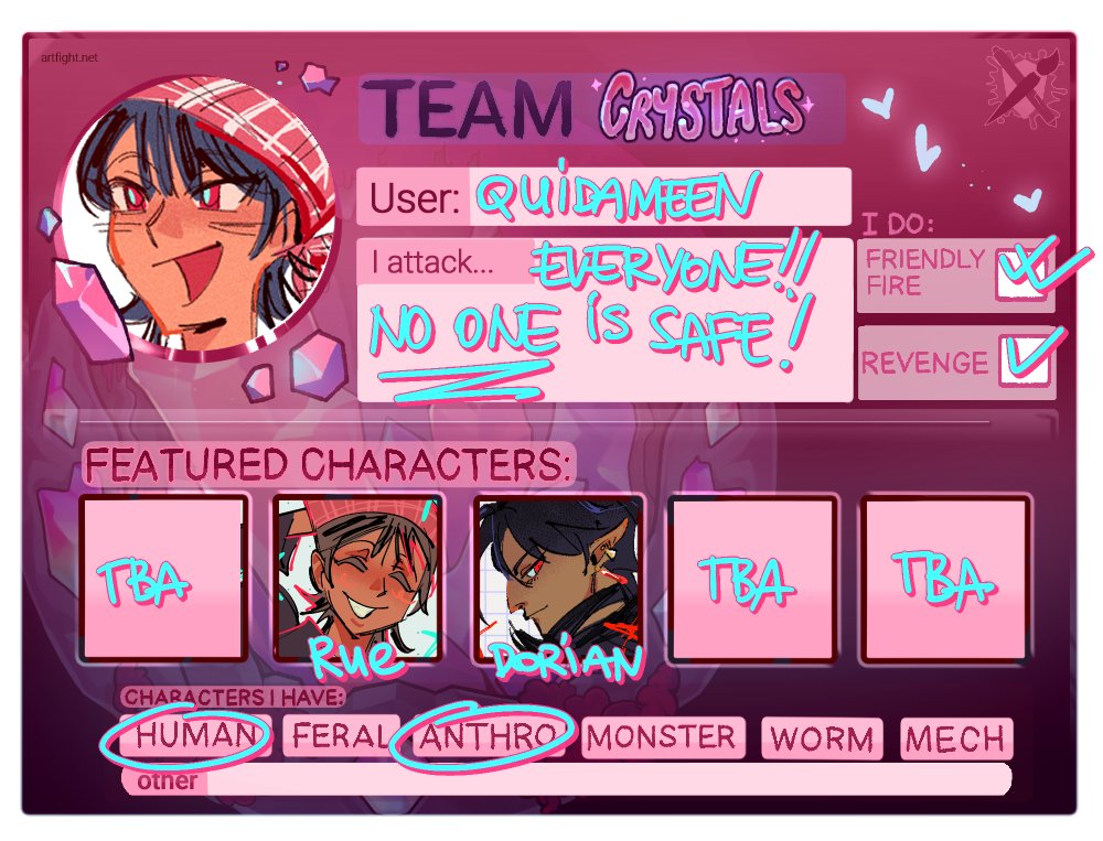 quidameen's tweet image. ART FIGHT FIRST TIMER!! 💥💎
#artfight2025 #TEAMCRYSTALS
artfight.net/~QuidaMeen