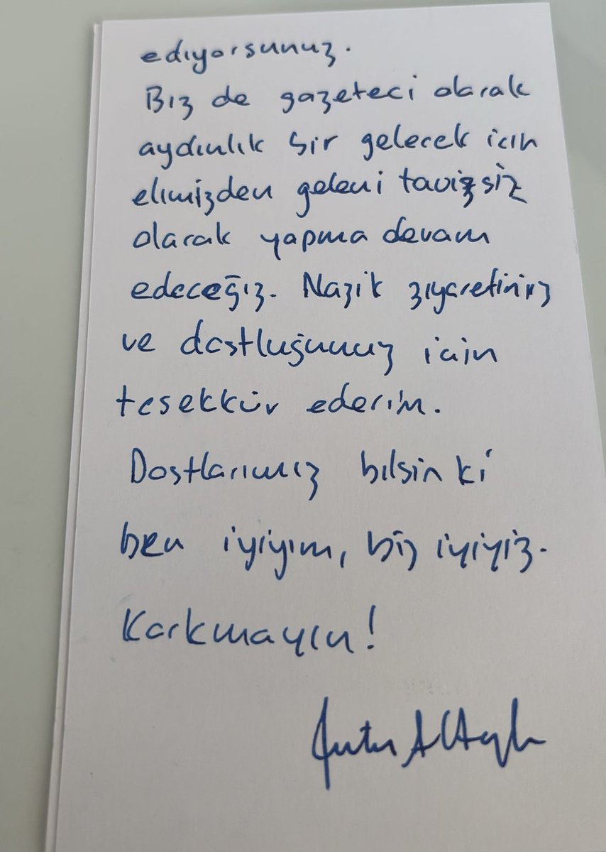 Bugün Silivri Cezaevi’nde, Ekrem İmamoğlu’nun yanı sıra; Fatih Altaylı, Aykut Erdoğdu, Hasan Akgün ve Osman Kavala’yı da ziyaret ettim. Gazeteci Fatih Altaylı’nın mesajını da sizlerle paylaşıyorum.

“Dostlarım bilsin ki ben iyiyim, biz iyiyiz, korkmayın!”