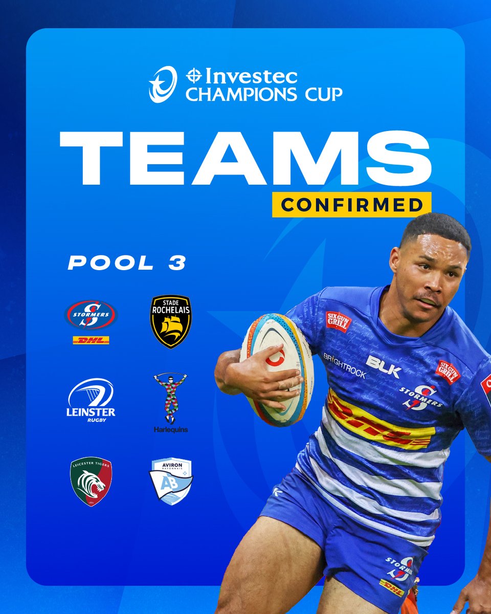 THESTORMERS's tweet image. We'll be facing Leicester Tigers, Stade Rochelais, Harlequins and Bayonne in Pool Three of the 25/26 Investec Champions Cup. Dates, times and venues to be confirmed. #iamastormer #InvestecChampionsCup