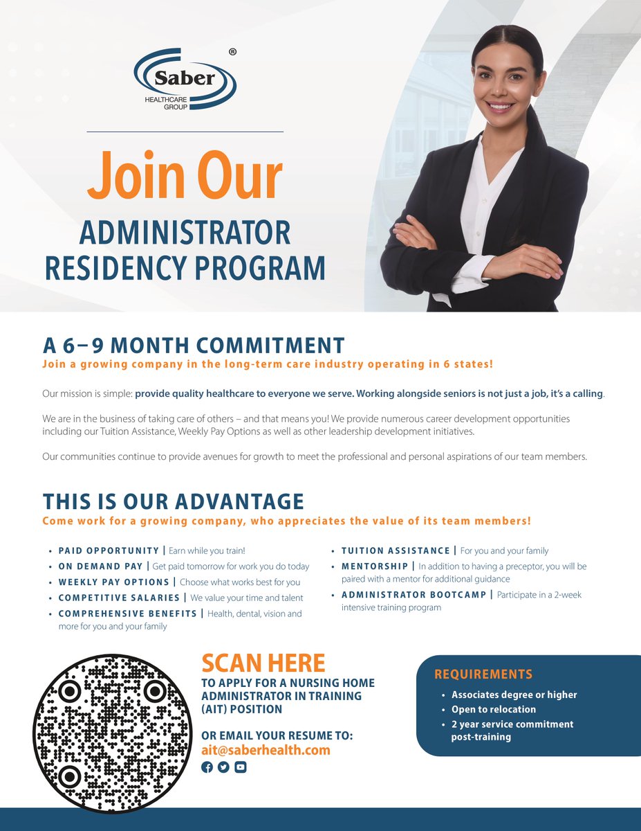 We’re excited to announce the Administrator Residency Program — a 6–9 month paid opportunity designed to launch your career in longterm care administration. Interested? Apply now or send your resume to ait@saberhealth.com #HealthcareLeadership #AdministratorResidency #AITProgram