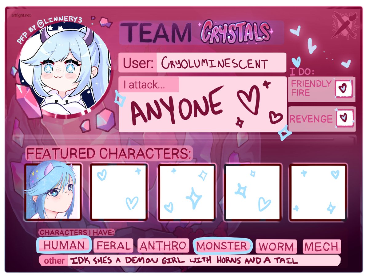 cryoluminesce's tweet image. IM DOING ARTFIGHT FOR THE FIRST TIME THIS YEAR!!
I only have the one character but it should be fun I’ll do revenge and stuff :3