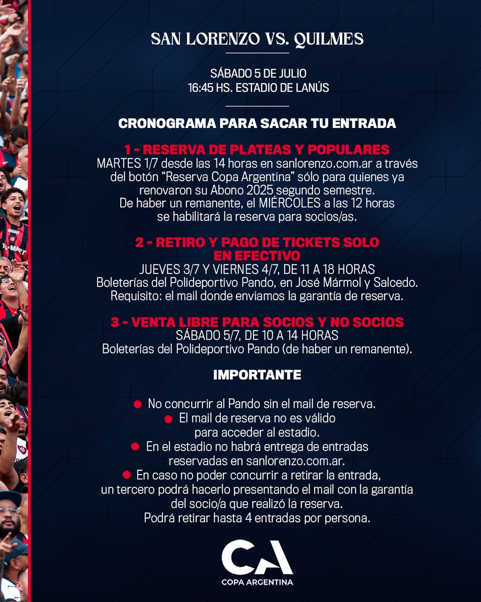 Entradas para la Copa Argentina 🎟️

San Lorenzo jugará contra Quilmes por los 16avos de final este sábado 5/7, a las 16.45 horas, en el estadio de Lanús. ¡Y ahí tenés que estar alentando al Ciclón! 💙❤️

Como la organización resolvió que la venta sea solo presencial y con único