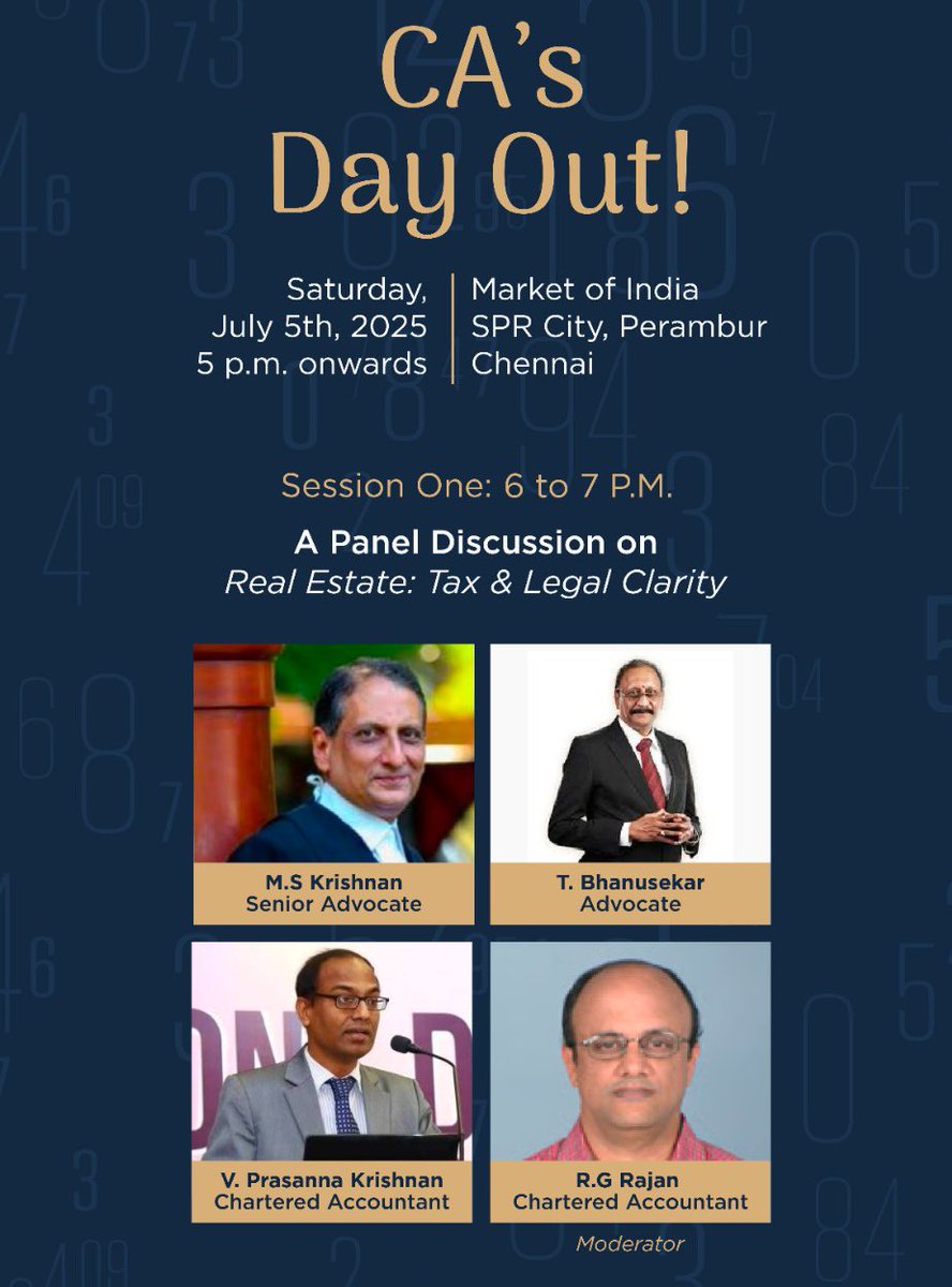 ssundarraman's tweet image. Join for exciting Panel Discussions.
On the eve of CA Day. At SPR City Perambur - July 5th 2025, 5 pm onwards. Followed by Music and Dinner.

#caday #knowledgeupdate