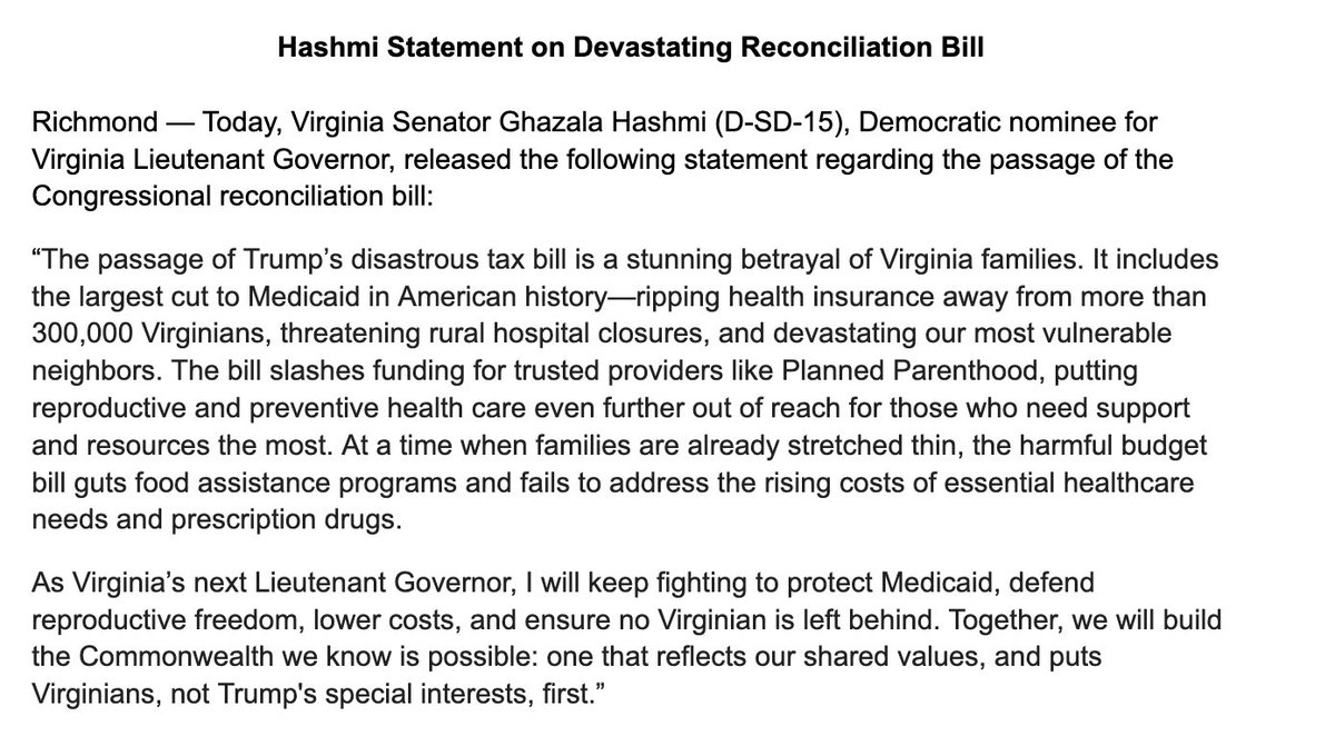 SenatorHashmi's tweet image. The passage of Trump’s disastrous tax bill is a stunning betrayal of Virginia families.
As Virginia’s next Lieutenant Governor, I will keep fighting to protect Medicaid, defend reproductive freedom, lower costs, and ensure no Virginian is left behind.