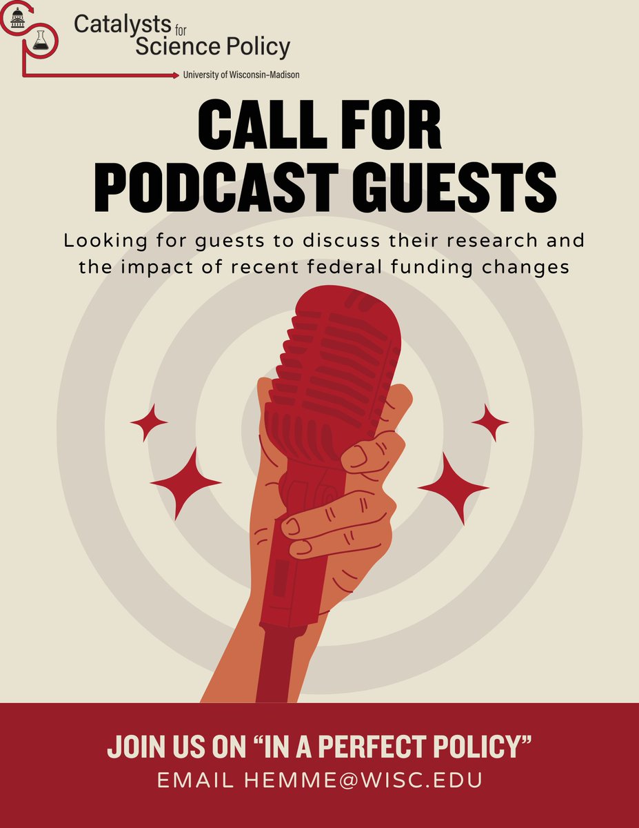 CaSP_UWMadison (@casp_uwmadison) on Twitter photo We're looking for guests on our podcast, In A Perfect Policy, to discuss the recent federal funding changes and how it is impacting researchers. Reach out via email to hemme@wisc.edu if you're interested! We're looking for guests on our podcast, In A Perfect Policy, to discuss the recent federal funding changes and how it is impacting researchers. Reach out via email to hemme@wisc.edu if you're interested!