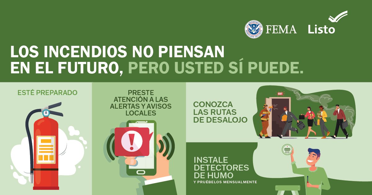 FEMA en español (@femaespanol) on Twitter photo Ten formas de recibir alertas meteorológicas de incendios emitidas por <a href="/NWS/">National Weather Service</a> y asegúrate de comprender lo que significan ↪️ weather.gov/safety/wildfir… (en inglés)
Los incendios forestales son una amenaza en el oeste. Mantener una preparación constante es fundamental. Ten formas de recibir alertas meteorológicas de incendios emitidas por <a href="/NWS/">National Weather Service</a> y asegúrate de comprender lo que significan ↪️ weather.gov/safety/wildfir… (en inglés)
Los incendios forestales son una amenaza en el oeste. Mantener una preparación constante es fundamental.