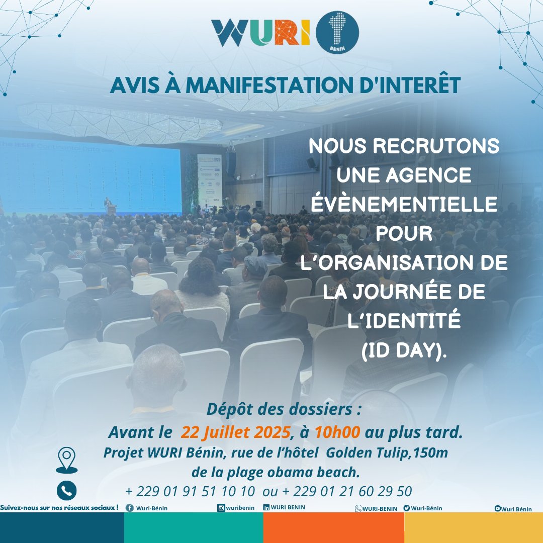 wuri_benin's tweet photo. NOUS RECHERCHONS  UNE AGENCE ÉVÈNEMENTIELLE POUR L’ORGANISATION DE LA JOURNÉE DE L’IDENTITÉ (ID DAY).
 Pour plus de détails et les critères , veuillez consulter l'AMI  via le lien suivant : https://t.co/O4MHHlPoGq https://t.co/RRVT5kzbZn