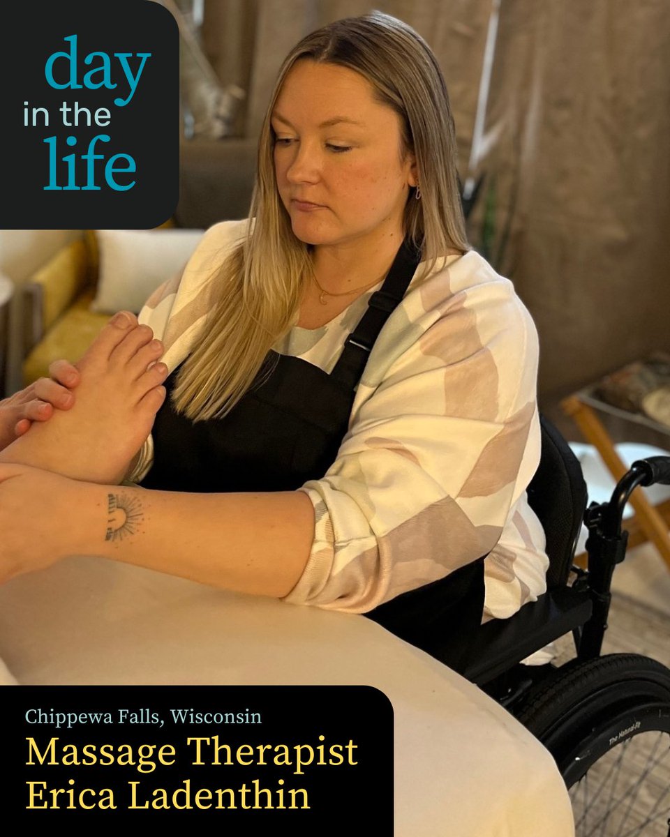 NewMobilityMag's tweet image. After cancer treatment damaged her spinal cord, Erica Ladenthin wasn’t sure how she’d be able to continue her career. But with the help of a hydraulic massage table and a lot of learning, Ladenthin was able to reach her longtime goal of owning her own spa. newmobility.com/day-in-the-lif…