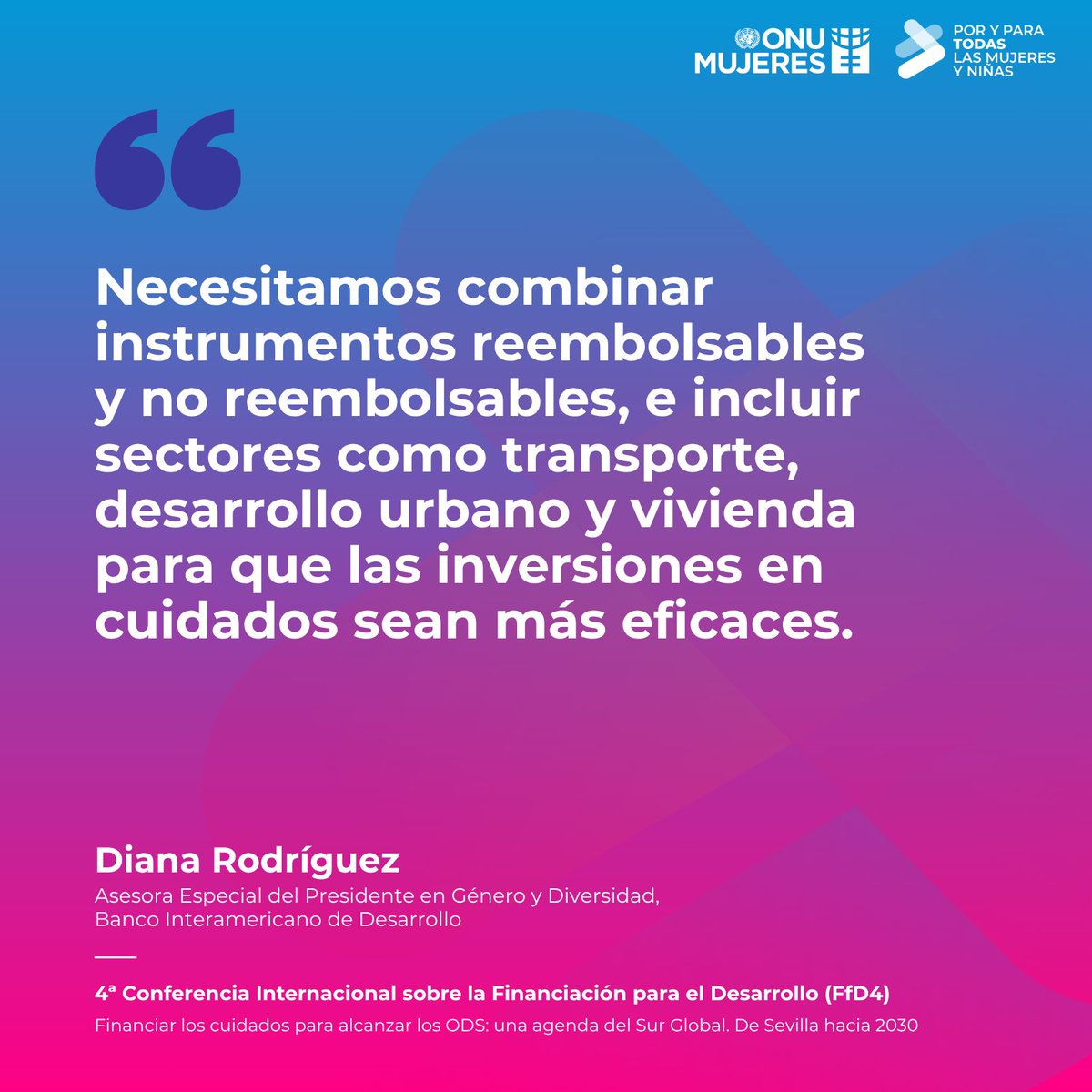 ONUMujeres's tweet photo. 💬 “Necesitamos combinar instrumentos reembolsables y no reembolsables, e incluir sectores como transporte, desarrollo urbano y vivienda”.

—@drodriguezfr @el_BID en #FfD4 «Financiar los cuidados para alcanzar los ODS». https://t.co/mlU1SPV5ww