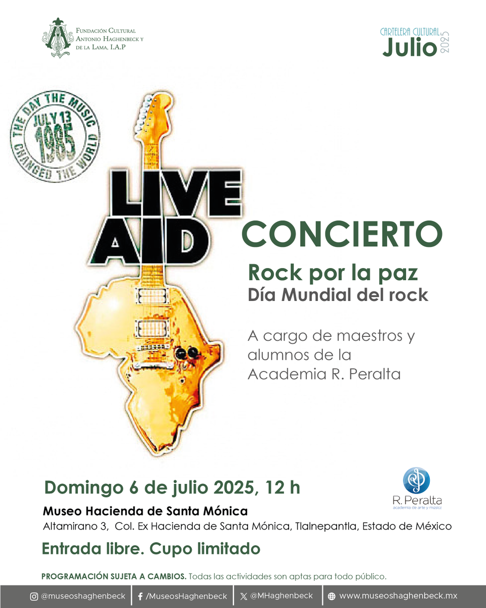 El próximo #DomingoEnMuseo Hacienda de Santa Mónica, tendremos un gran Concierto de "Rock por la Paz".   😎🤟

Te esperamos en punto de as 12 h.

¡No te lo pierdas!

#MuseosHaghenbeck
#MuseoCasaDeLaBola
#MuseoHaciendaDeSantaMónica
#MuseoHaciendaDeSanCristóbalPolaxtla