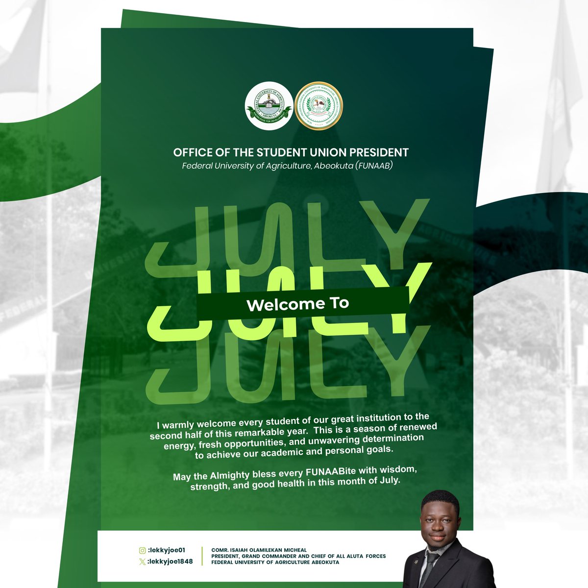 _LEKKYJOE's tweet image. July marks a pivotal moment for us fabulous FUNAABITES.
Let’s harness our collective strength, creativity, and passion to make the most of the second half of the year.
May peace and success follow you in all your endeavors this month.
Happy New Month 💚💚💚