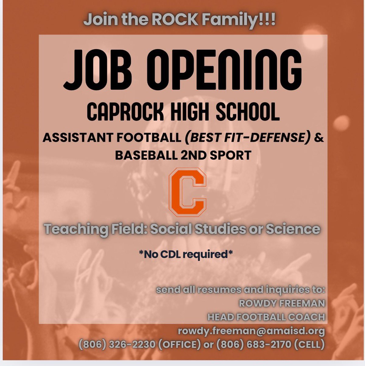 CRockHorns's tweet image. Great opportunity to work with amazing group of coaches that love what they do everyday! Also, amazing program with great young men that work hard and compete each day! If interested please reach out to Coach Freeman or message here! #CRock