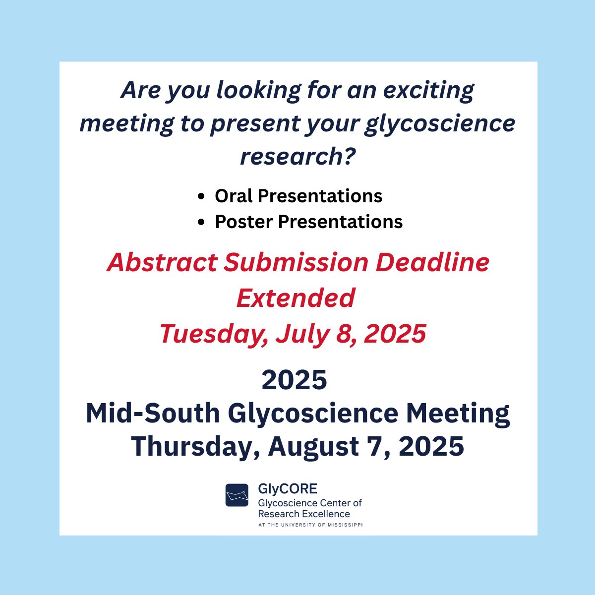 UM_glycore's tweet image. Don’t miss this opportunity to showcase your glycoscience  work! Submit your abstract now bit.ly/4l5SNeZ #glycotime #glycore