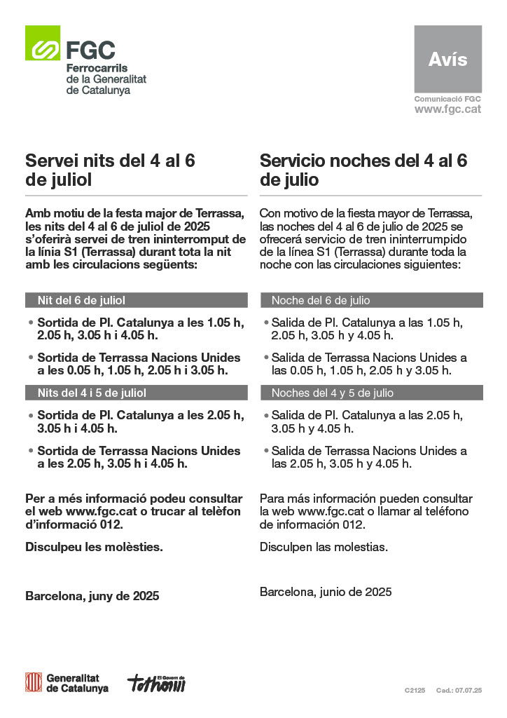 FGC's tweet photo. 📣 Amb motiu de la #FestaMajorTerrassa🎉, la línia S1 funcionarà durant tota la nit els dies 👉
📅 Del 4 al 5 de juliol.
📅 Del 5 al 6 de juliol.
📅 Del 6 al 7 de juliol.
ℹ️ Trobaràs els horaris a https://t.co/LjQxvQNPbD i a l'#AppFGC. #FMTerrassa #FGC https://t.co/9jc6Jv4cLA