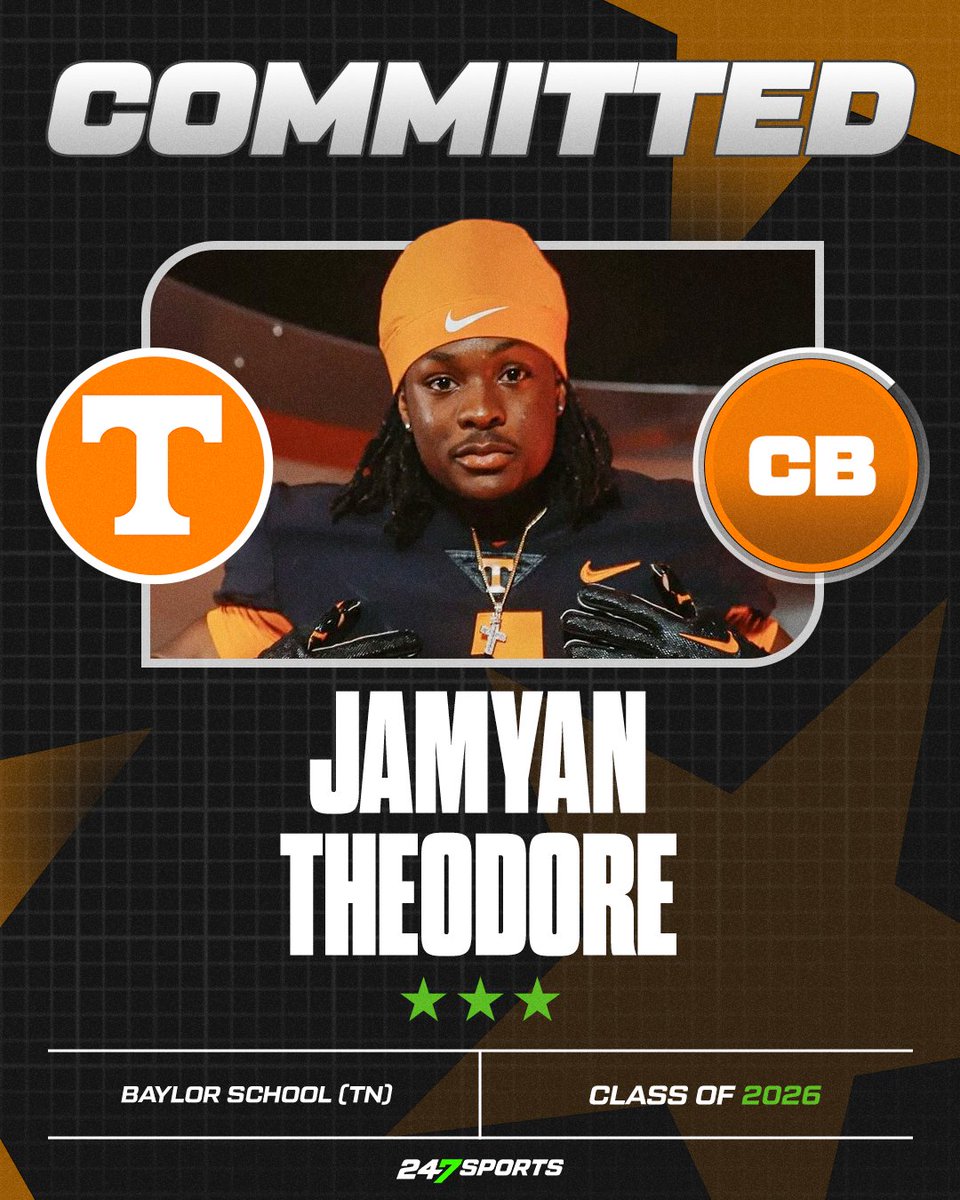 Tom Loy (@tomloy247) on Twitter photo BREAKING: <a href="/Vol_Football/">Tennessee Football</a> has landed a commitment from three-star cornerback Jamyan Theodore.
"I chose Tennessee because I started a legacy in Tennessee by being an all-state kid and earning many more accolades, but I think I can build even more on that at Tennessee."
VIP Story: BREAKING: <a href="/Vol_Football/">Tennessee Football</a> has landed a commitment from three-star cornerback Jamyan Theodore.
"I chose Tennessee because I started a legacy in Tennessee by being an all-state kid and earning many more accolades, but I think I can build even more on that at Tennessee."
VIP Story: