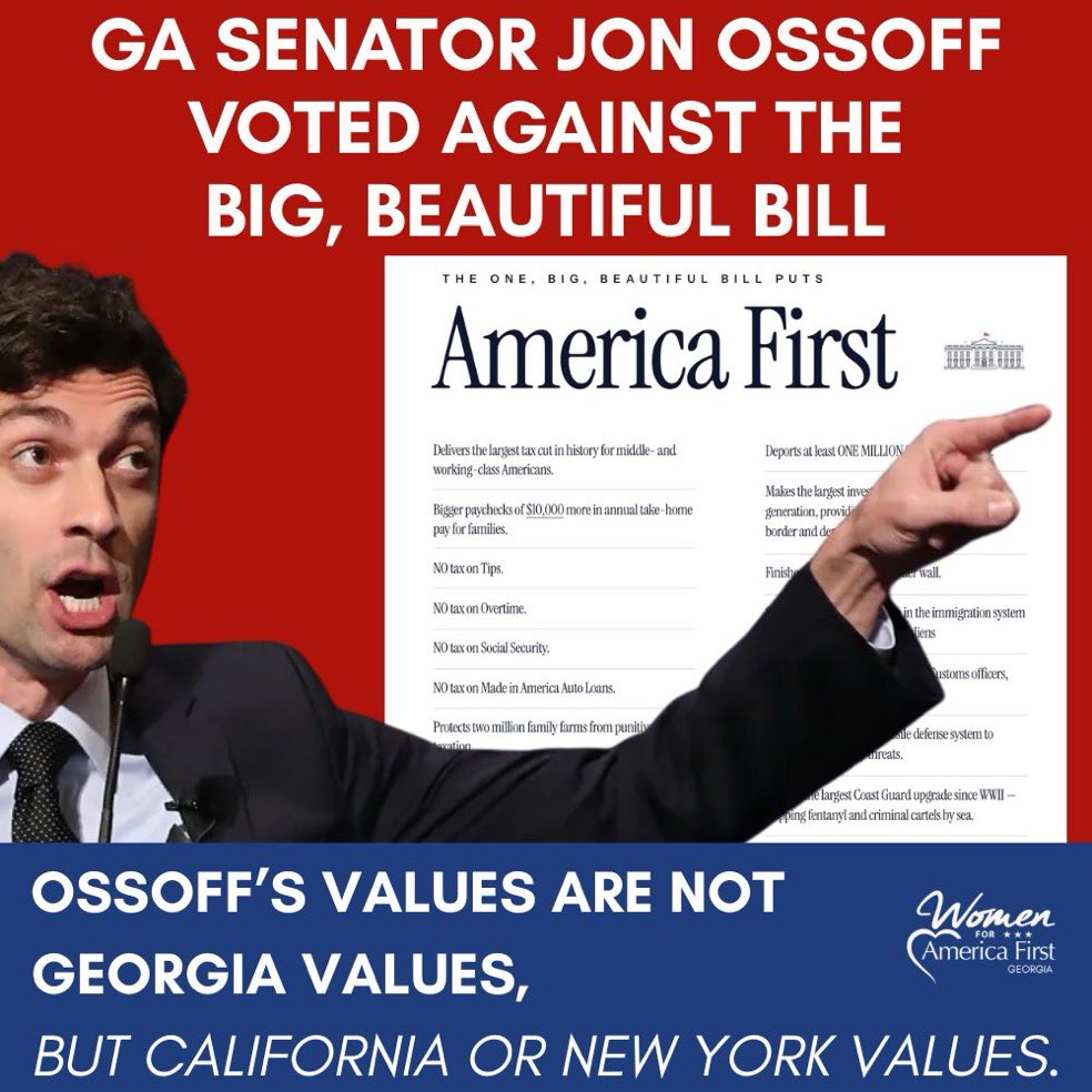 Amy Kremer (@amykremer) on Twitter photo Senator Jon Ossoff voted AGAINST the BBB
He voted:
βοΈ π
π¨π« ππ‘π π₯ππ«π ππ¬π πππ± π’π§ππ«πππ¬π π’π§ π‘π’π¬ππ¨π«π²
βοΈ ππ ππ’π§π¬π deporting illegal aliens & permanently securing our border
βοΈ ππ ππ’π§π¬π funding a Gold Dome Missile defense system & Senator Jon Ossoff voted AGAINST the BBB
He voted:
βοΈ π
π¨π« ππ‘π π₯ππ«π ππ¬π πππ± π’π§ππ«πππ¬π π’π§ π‘π’π¬ππ¨π«π²
βοΈ ππ ππ’π§π¬π deporting illegal aliens & permanently securing our border
βοΈ ππ ππ’π§π¬π funding a Gold Dome Missile defense system &