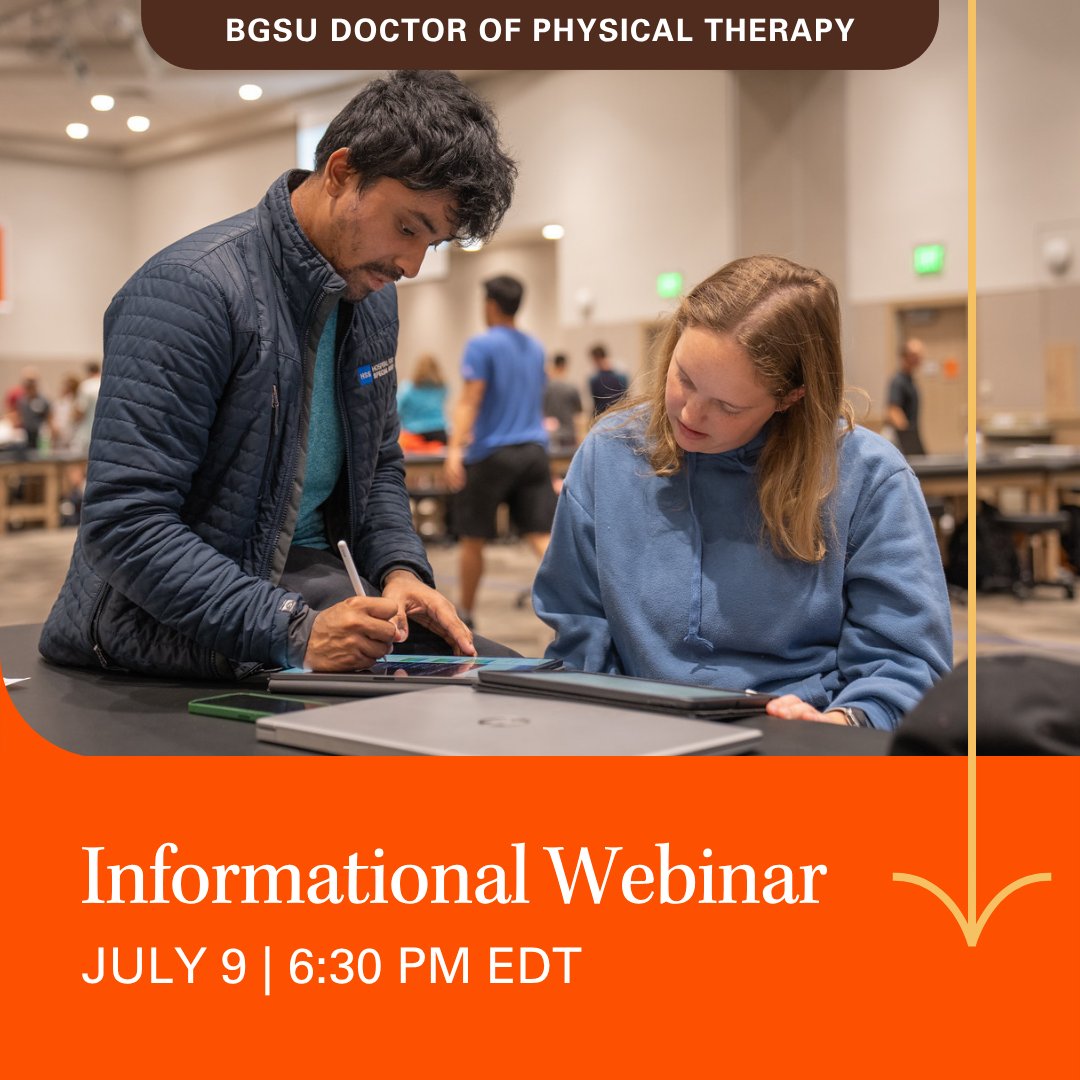 bgsudpt's tweet image. Interested in PT school? Join the #BGSUDPT team for a virtual webinar on July 9 at 6:30 p.m. EDT. 

Learn how our 7-semester, hybrid program helps you build clinical skills and balance life and learning. #FuturePT #HybridDPT 

Register: bit.ly/4lnZ4Td