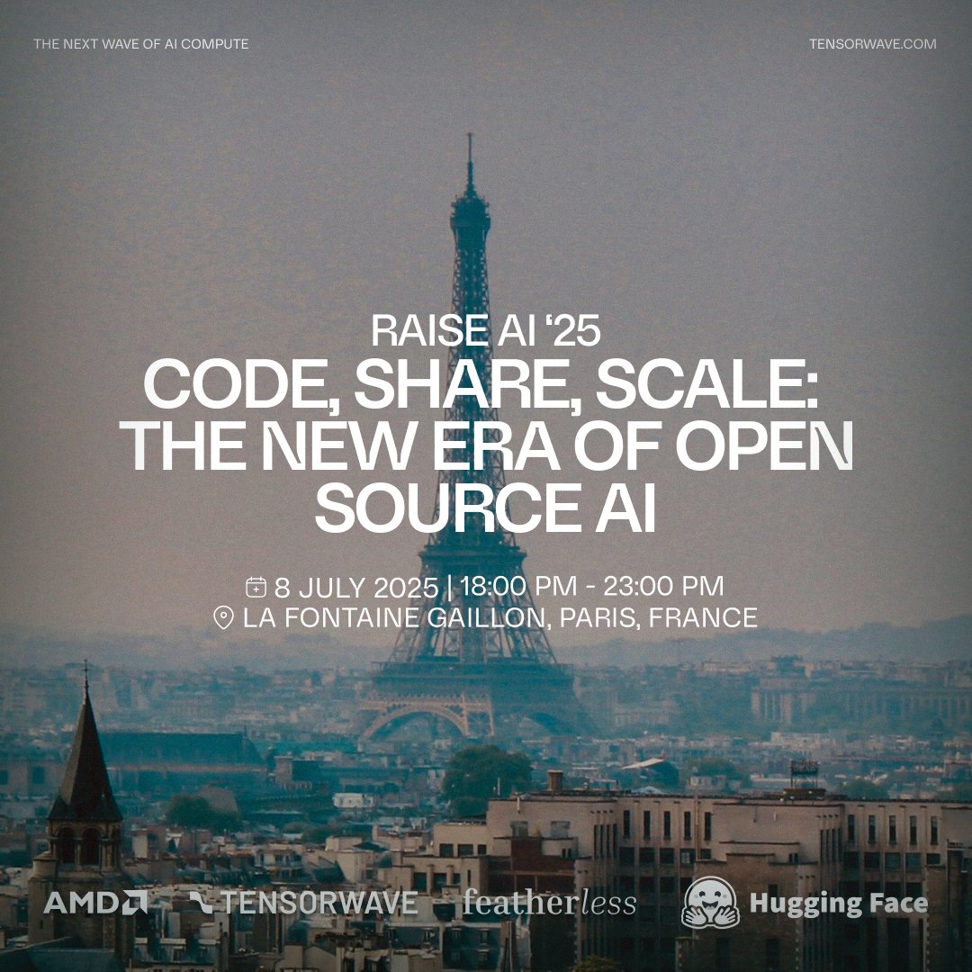 TensorWave (@tensorwavecloud) on Twitter photo Join us in Paris for an exclusive evening on the future of open source AI.
TensorWave, <a href="/huggingface/">Hugging Face</a>, <a href="/AIatAMD/">AI at AMD</a>, and <a href="/FeatherlessAI/">Featherless AI</a> are coming together to explore how open models are reshaping access, scale, and innovation in AI infrastructure.
📍La Fontaine Gaillon, Paris, Join us in Paris for an exclusive evening on the future of open source AI.
TensorWave, <a href="/huggingface/">Hugging Face</a>, <a href="/AIatAMD/">AI at AMD</a>, and <a href="/FeatherlessAI/">Featherless AI</a> are coming together to explore how open models are reshaping access, scale, and innovation in AI infrastructure.
📍La Fontaine Gaillon, Paris,