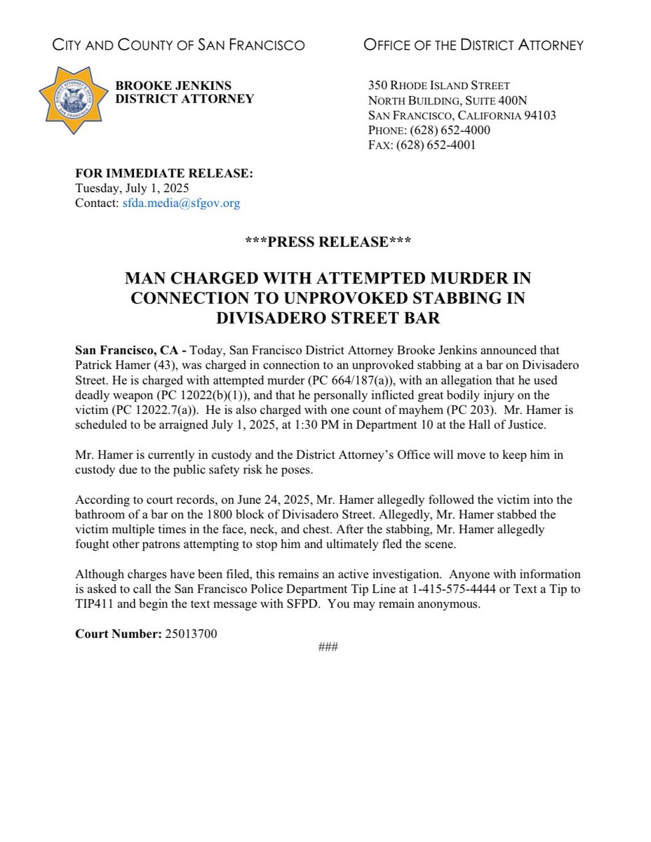 SF DISTRICT ATTORNEY (@sfdaoffice) on Twitter photo 1/ Today, DA <a href="/BrookeJenkinsSF/">Brooke Jenkins 謝安宜</a> announced that Patrick Hamer was charged in connection to an unprovoked stabbing at a bar on Divisadero St. He is charged w/ attempted murder, w/ an allegation that he used deadly weapon + that he personally inflicted great bodily injury. 1/ Today, DA <a href="/BrookeJenkinsSF/">Brooke Jenkins 謝安宜</a> announced that Patrick Hamer was charged in connection to an unprovoked stabbing at a bar on Divisadero St. He is charged w/ attempted murder, w/ an allegation that he used deadly weapon + that he personally inflicted great bodily injury.