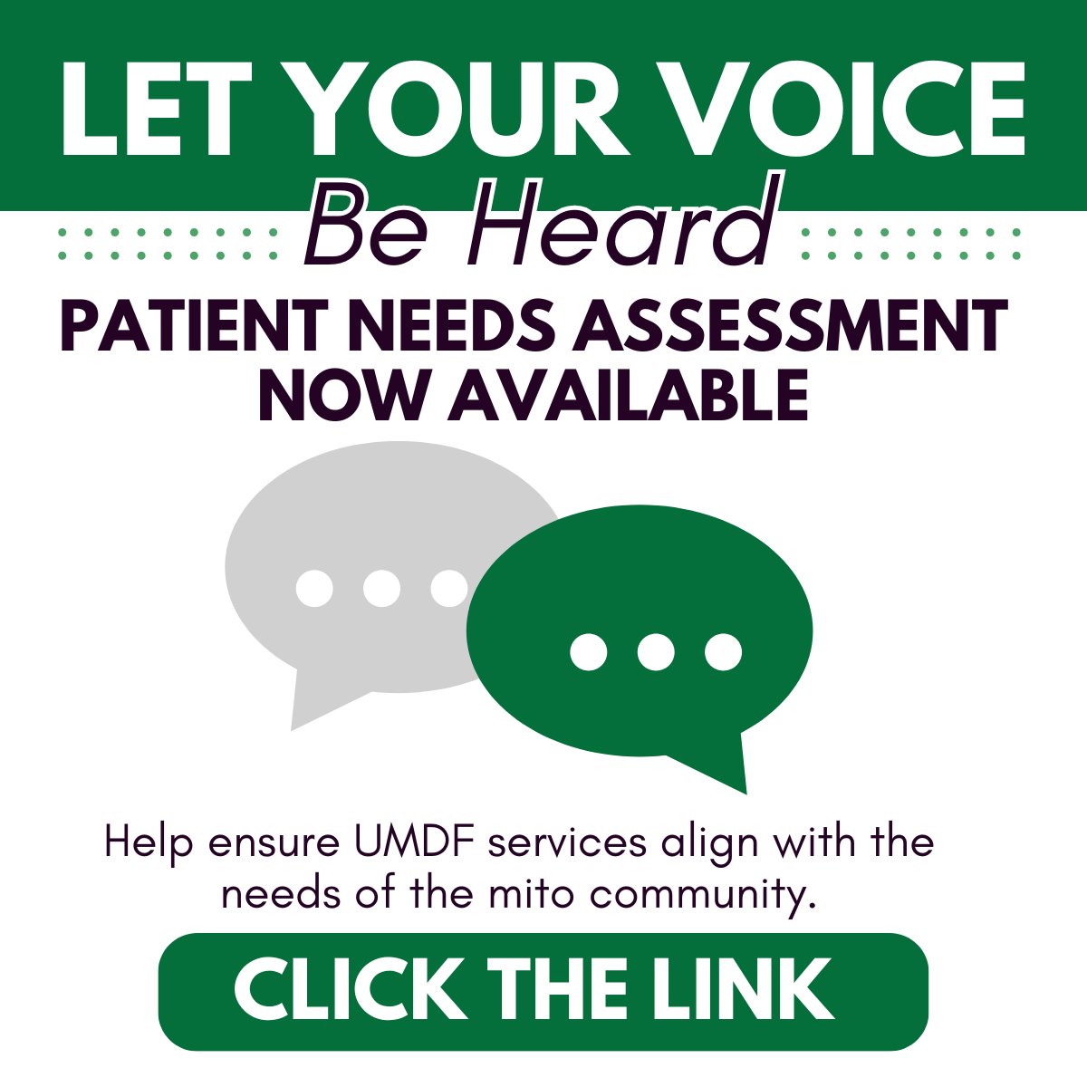 UMDF's tweet image. Let your voice be heard! Calling all in the #mito community -- individuals with #mitochondrialdisease, caregivers, and family. Please complete our new Patient Needs Assessment and help ensure UMDF services align with your needs. Click the link: umdf.org/patient-needs-…
