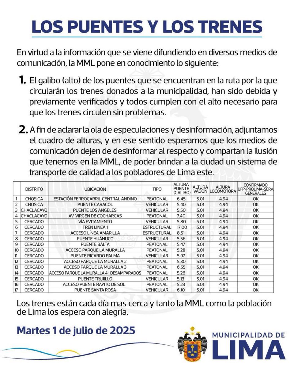 📢 #ULTIMO 🚨

<a href="/rlopezaliaga1/">Rafael López Aliaga</a> a través de la <a href="/MuniLima/">Municipalidad de Lima</a> informa sobre los puentes 🌉 y los trenes🚇 💪🏻🌊

Noticia que pondrá a llorar a llorar 😭 zurdos y caviares.

#Porky2026
