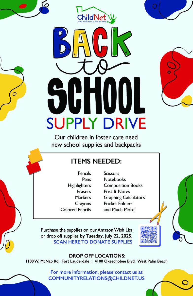 Ready. Set. Support!  Help us set our youth up for success this school year!

🛒 Shop our Amazon Wish List: amzn.to/4cCQoUD 
📍 Or drop off supplies at our Broward office (1100 W McNab Rd) or Palm Beach office (4100 Okeechobee Blvd) by Tuesday, July 22nd.