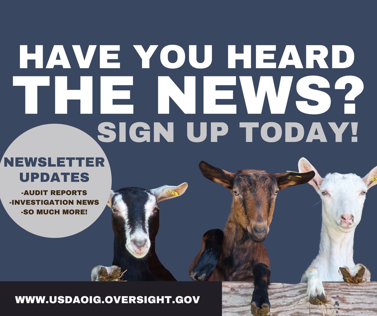 Get the latest from the USDA Office of Inspector General with free govdelivery email updates whenever new reports, press releases, job vacancies and congressional statements are published on our website. public.govdelivery.com/accounts/USDAO… #usda #oig #Agriculture