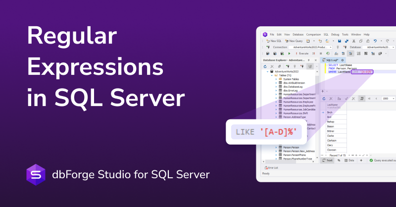 🧩 How to Use Regex in SQL With Practical Examples

SQL Server doesn’t support regex natively — but there are ways around it. 
 
👉 Learn more: is.gd/Ay9r4S  
✅ Try dbForge Studio: is.gd/4mgWGt  
 
#SQLServer #dbForge