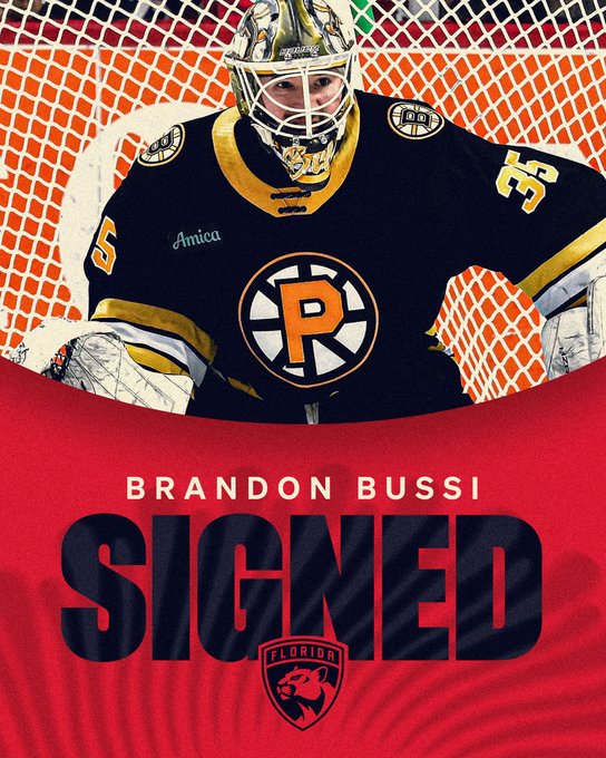 A red background featuring the swirls from the inside of the Stanley Cup. 

At the top is a photo of Brandon Bussi.

At the bottom in beige font: “Brandon Bussi” and below that in navy font: “SIGNED”