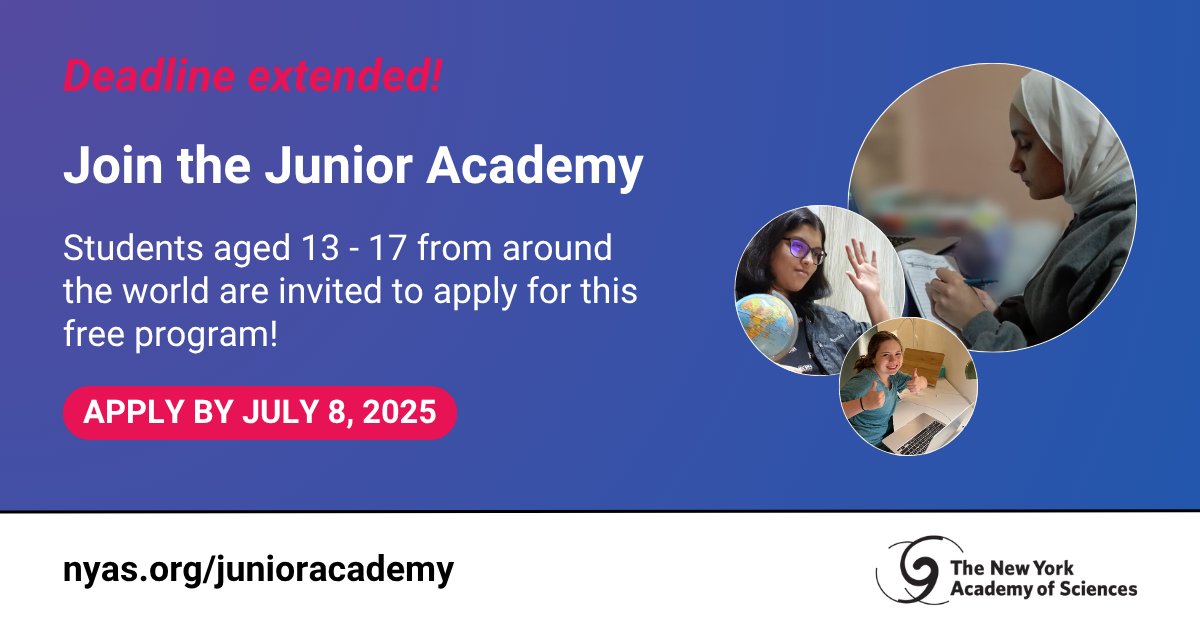 NYASciences's tweet image. 📢 There’s still time to join The Junior Academy for Fall 2025!
Students aged 13-17 can join this free, virtual STEM program to team up with global peers and solve real-world challenges. 💡✨
Apply by July 8, 2025!
Learn more and begin an application: bit.nyas.org/3Y9fVQp
