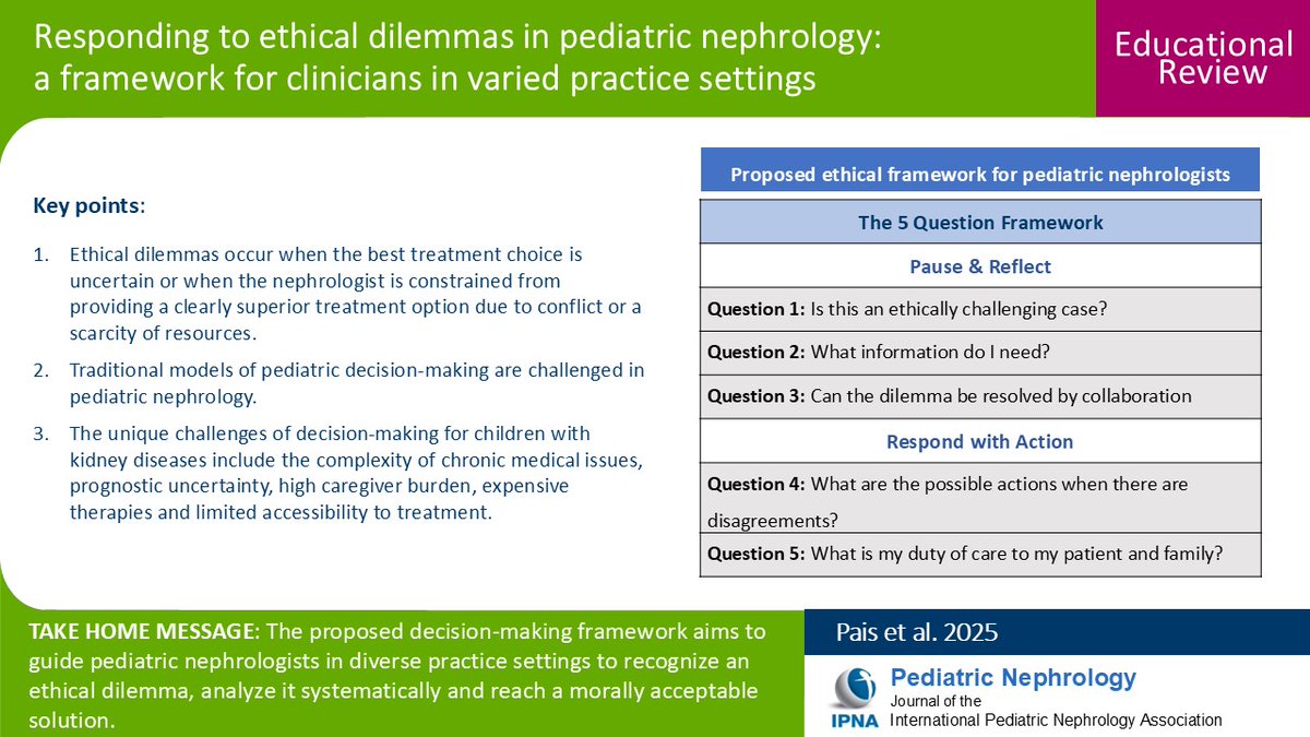 Pediatric nephrologists face challenging situations when decision-making is difficult. Read this Educational Review of key ethical principles in ethical dilemmas, that proposes a stepwise decision-making framework. Free access this month.
bit.ly/4lApwsV