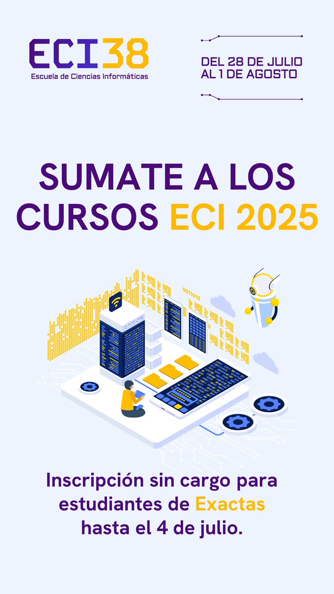 ECI (@ecidcuba) on Twitter photo 🗓️Te recordamos que este viernes 4 de julio cierra la inscripción a los cursos #ECI2025 para estudiantes y doctorandos de <a href="/Exactas_UBA/">Exactas UBA</a>.
👇Más información disponible en: eci.dc.uba.ar/inscripcion/ 🗓️Te recordamos que este viernes 4 de julio cierra la inscripción a los cursos #ECI2025 para estudiantes y doctorandos de <a href="/Exactas_UBA/">Exactas UBA</a>.
👇Más información disponible en: eci.dc.uba.ar/inscripcion/