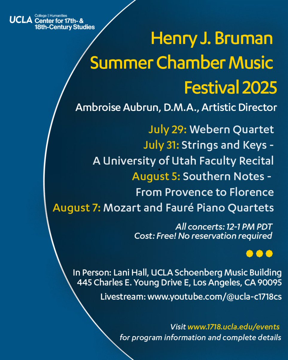 ucla1718cs's tweet image. Join us on the UCLA campus this summer for four FREE concerts performed by exceptional artists—no reservations required! All concerts are held from 12 noon-1:00 p.m. PDT. Details at 1718.ucla.edu/events. Concerts are also livestreamed at youtube.com/@ucla-c1718cs