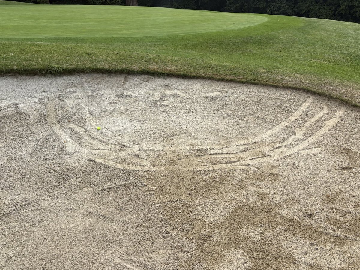 greeny15's tweet photo. ⁦@BGGCgreenkeeper⁩ ⁦@BrickoProShop⁩ well there is a first, whole trolley through the bunker on the 2nd. 😱😱😱🤬🤬🤬 https://t.co/FAvUvkRzAf