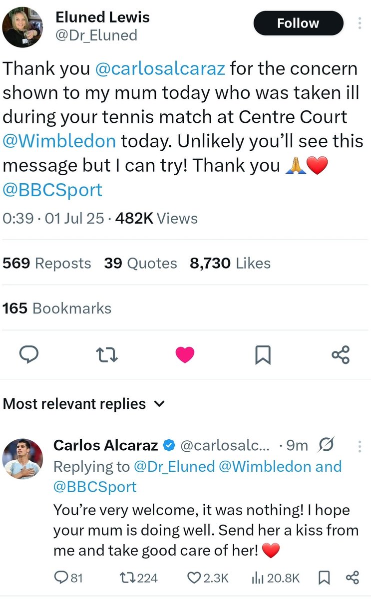 danbarker's tweet image. A lovely pair of messages. Best wishes to @Dr_Eluned, and well done, @carlosalcaraz .